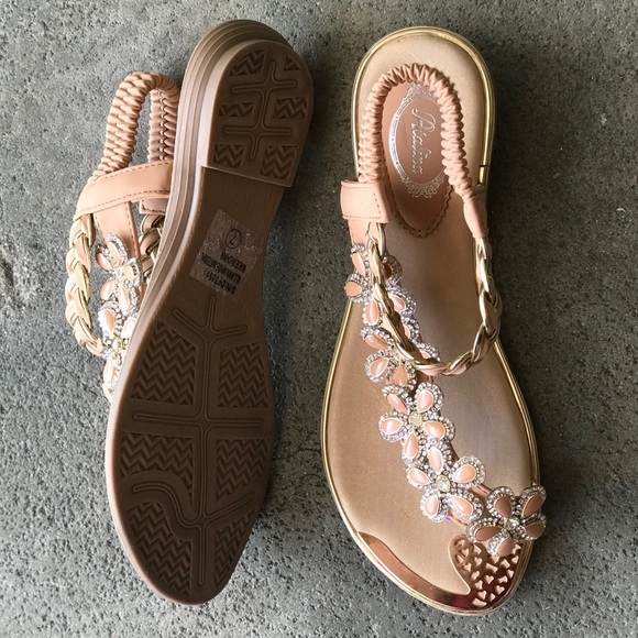 Restocked! Italina Peachy Tan Floral Rhinestone Gold Woven Flat Sandal - Picture 6 of 11